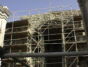 Scaffolding around the ruins of the Great Stone Church